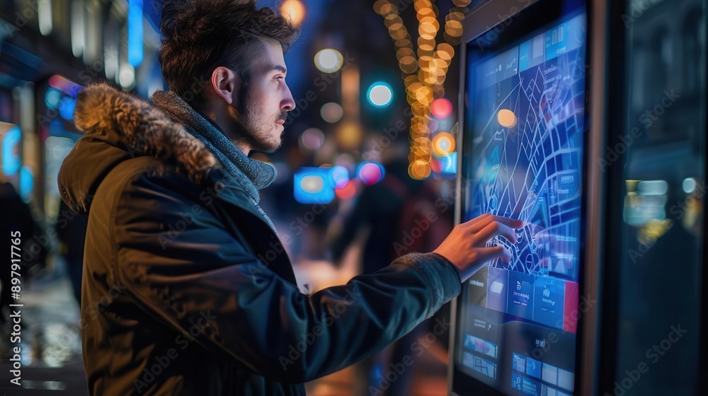 A young man interacts with a digital information screen in a vibrant urban setting at night, illuminated by colorful lights. A young man interacts with a digital information screen in a vibrant urban setting at night, illuminated by colorful lights.
