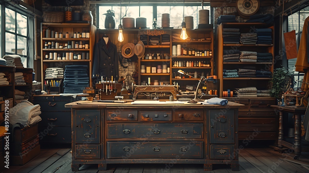 A cinematic photograph of a seamstress' workbench, perfectly placed sewing tools and fabrics, golden hour light enhancing details, rich textures of tools and fabrics, focus on central tools,