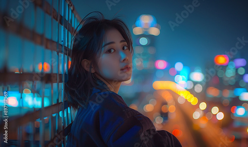 夜景と女性