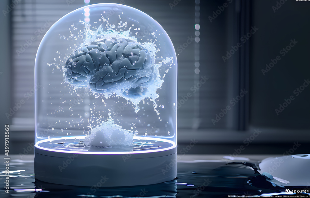 A futuristic and thought-provoking image depicting a human brain suspended within a glass dome, surrounded by splashes of water and illuminated by LED lights. A futuristic and thought-provoking image depicting a human brain suspended within a glass dome, surrounded by splashes of water and illuminated by LED lights.
