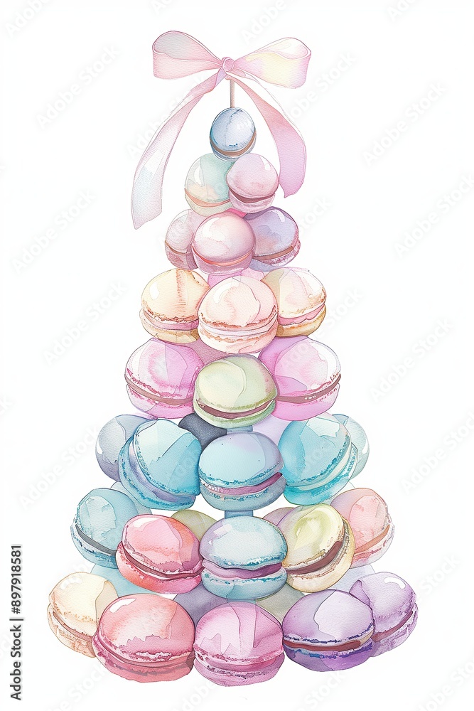 Sweet Pastel Watercolor Macaron Tower with Ribbon on White Background Sweet Pastel Watercolor Macaron Tower with Ribbon on White Background