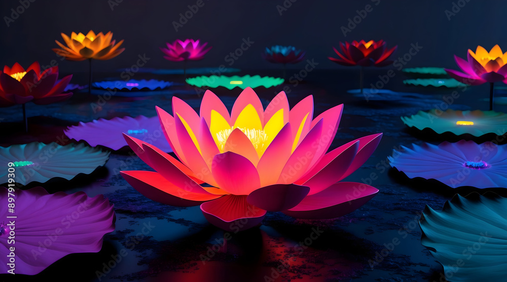 a colorful lotus flower is lit up in the dark a colorful lotus flower is lit up in the dark