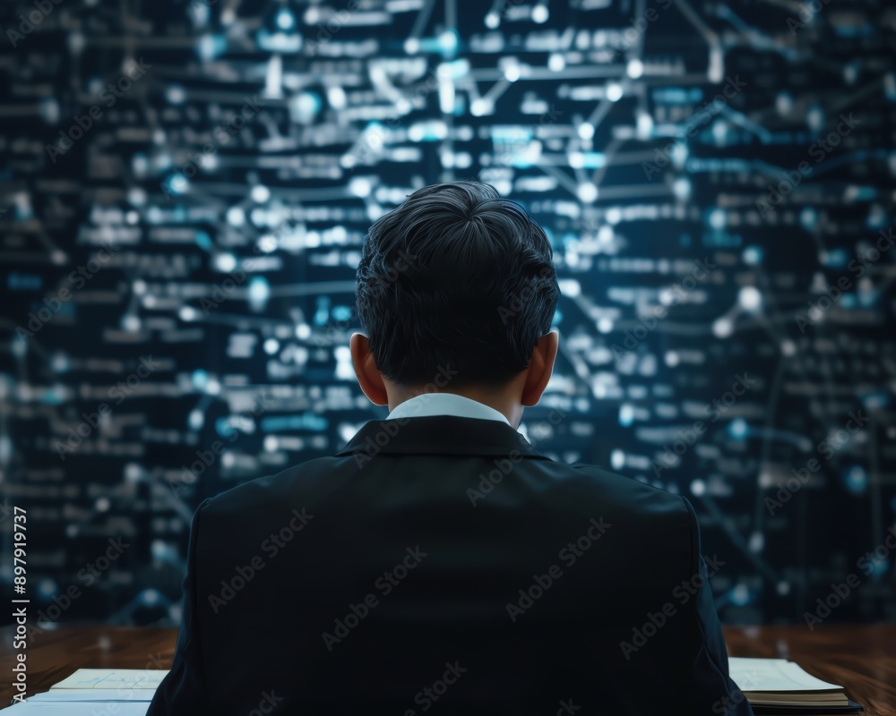 A businessman analyzing data patterns on a digital screen, symbolizing strategy and decision-making in a modern office environment. A businessman analyzing data patterns on a digital screen, symbolizing strategy and decision-making in a modern office environment.