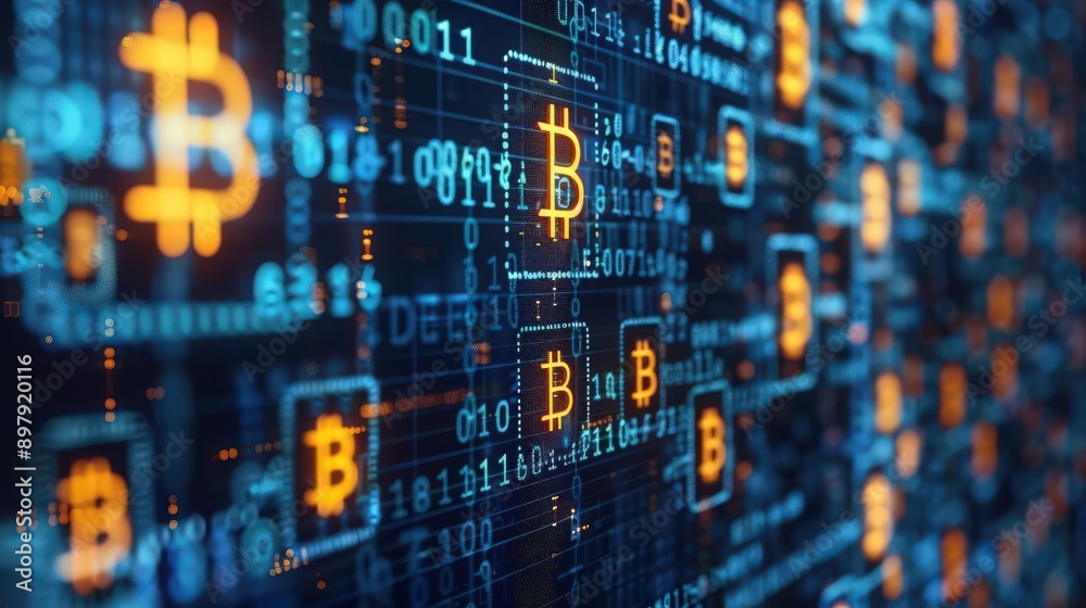 Abstract representation of Bitcoin with glowing symbols and digital code, illustrating cryptocurrency technology and blockchain.