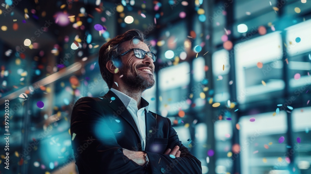 Successful entrepreneur standing proudly with confetti falling in a sleek and professional environment Successful entrepreneur standing proudly with confetti falling in a sleek and professional environment