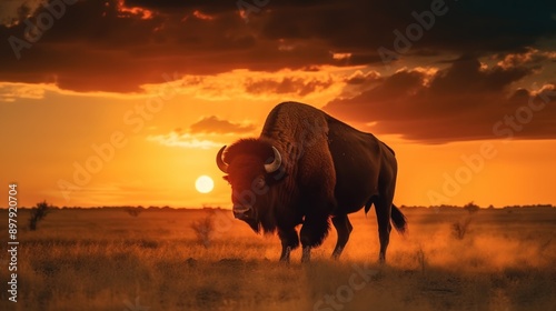 Fototapeta Naklejka Na Ścianę i Meble -  Bison Silhouette at Sunset
