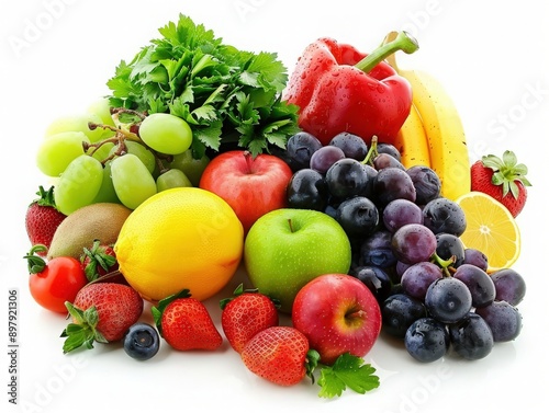 A colorful assortment of fresh fruits and vegetables arranged beautifully, perfect for health and nutrition themes.