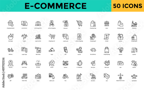 E-commerce icon set with shopping basket, ecommerce, online payment, online shopping, discount, buy, shopping bag, store, shopping bags icon. Simple line vector 
