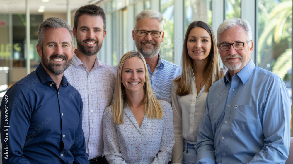 Obraz premium A diverse group of business professionals smiling at the camera, standing in a modern office environment with large windows.