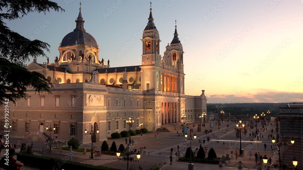 Sunset Timelapse Almudena Cathedral in Madrid Spain People Sped Up Zoom Out Golden Light