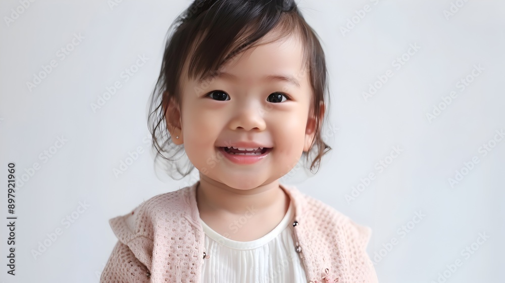 Cheerful Asian Toddler Girl Smiling Happily in Casual Outfit on White Background Cheerful Asian Toddler Girl Smiling Happily in Casual Outfit on White Background