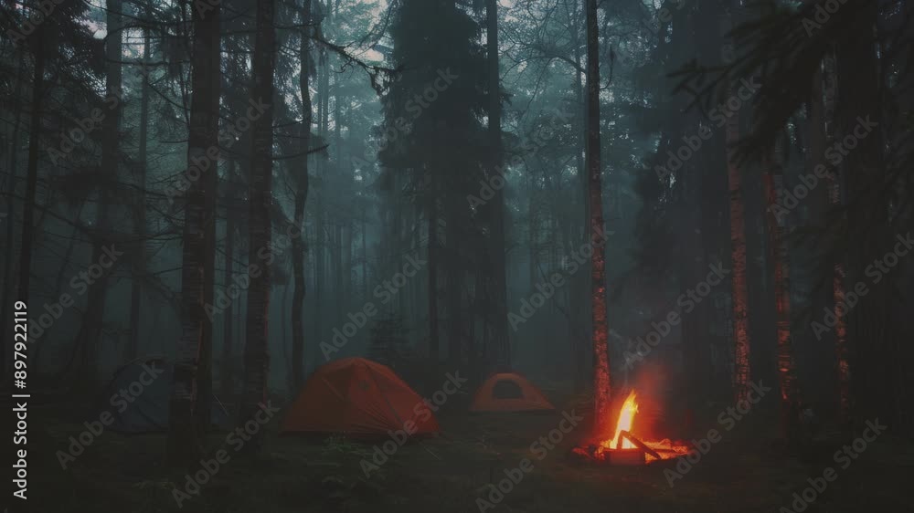 Camping in the Woods with a Bonfire.