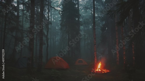 Camping in the Woods with a Bonfire.