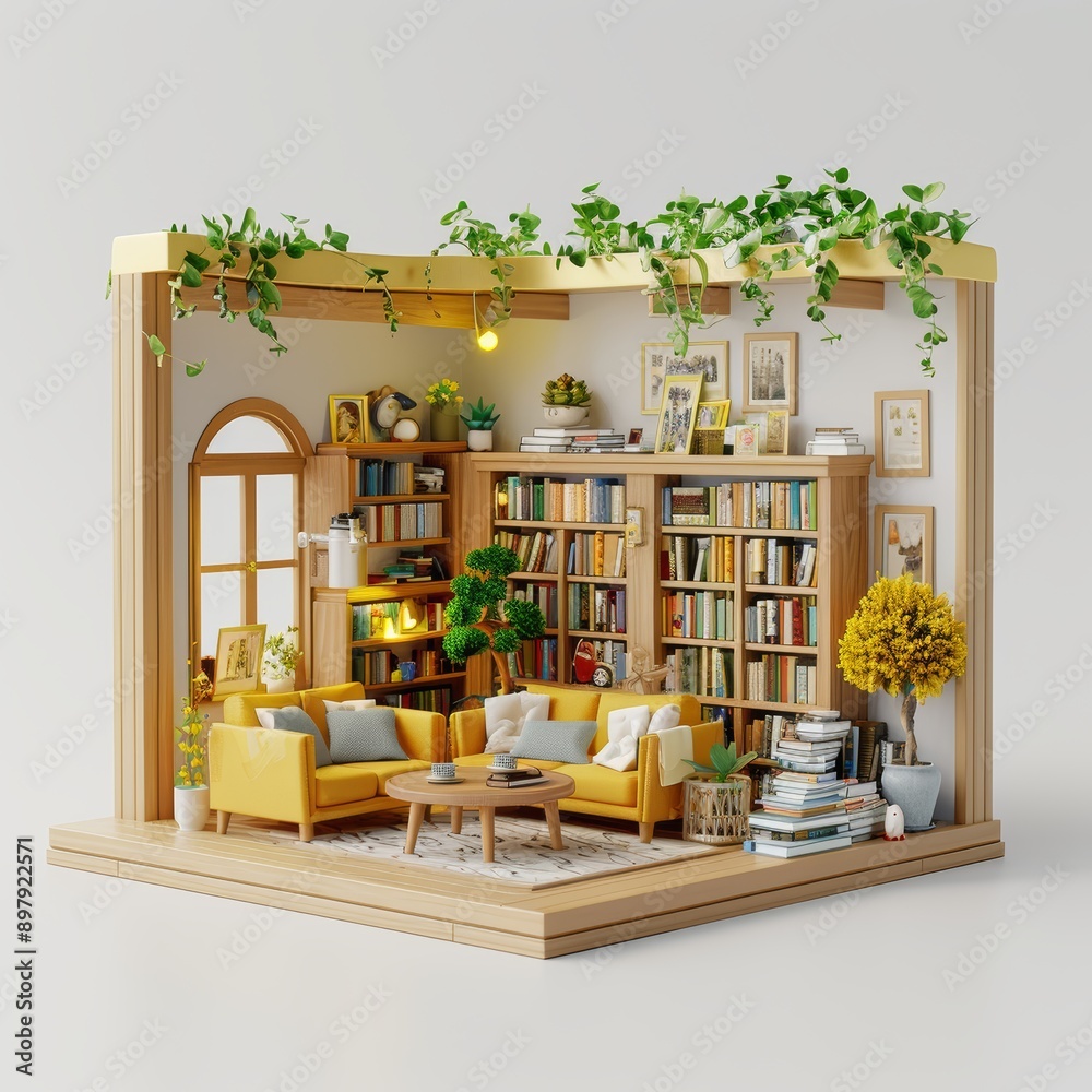 Fototapeta premium 3D Isometric Design of a Cozy Modern Living Room with Bookshelves, Indoor Plants, and Comfortable Furniture