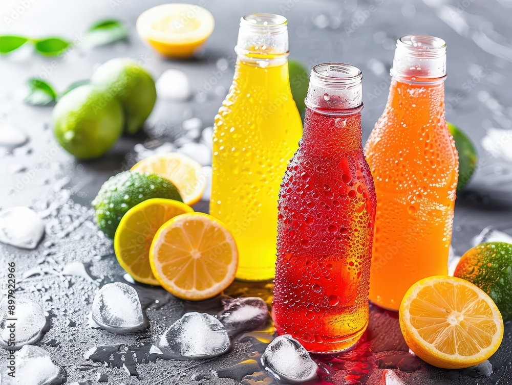 Three refreshing drinks in vibrant bottles, surrounded by ice and citrus fruits on a dark surface, perfect for summer. Three refreshing drinks in vibrant bottles, surrounded by ice and citrus fruits on a dark surface, perfect for summer.