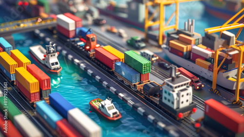 Showcase various modes of transportation, including cargo ships, freight trains, trucks, and cargo planes, working seamlessly to transport goods efficiently