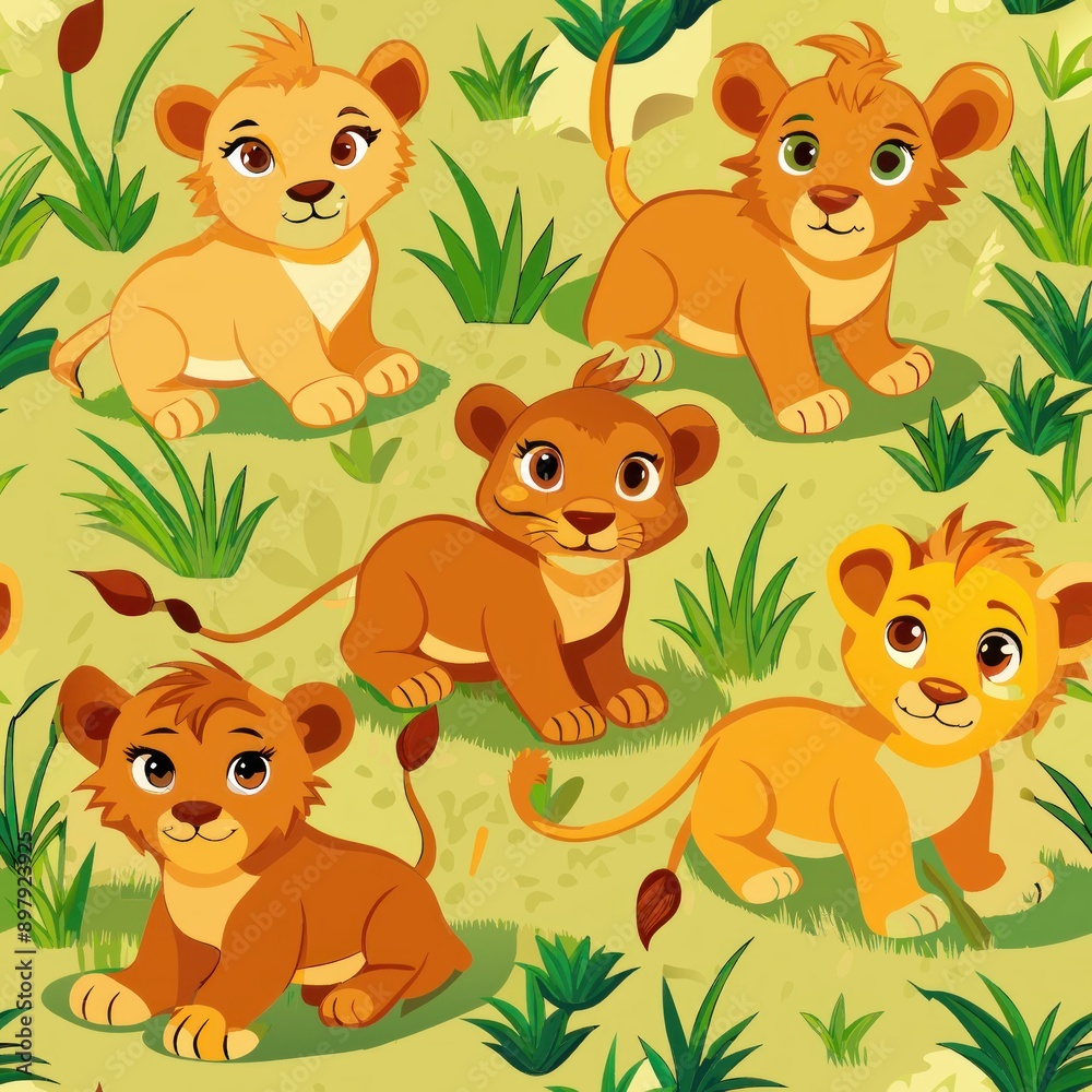Obraz premium Seamless pattern of adorable lion cubs playing in the grass, Generative AI