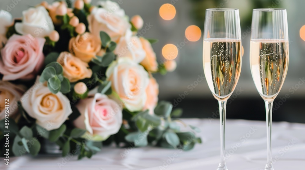 Elegant wedding scene with champagne flutes and a beautiful bouquet of soft roses, perfect for celebrations and romance. Elegant wedding scene with champagne flutes and a beautiful bouquet of soft roses, perfect for celebrations and romance.