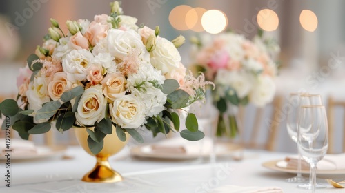 Elegant floral arrangement with roses, perfect for weddings or special events, creating a romantic atmosphere.