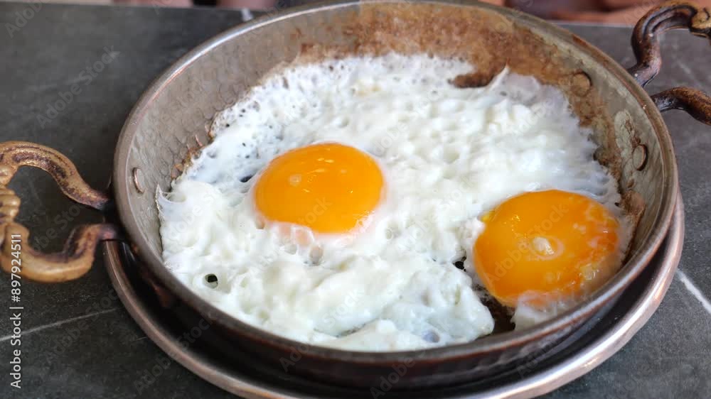 Indulge in a simple and delicious rustic breakfast with fried eggs cooked in a castiron skillet Indulge in a simple and delicious rustic breakfast with fried eggs cooked in a castiron skillet