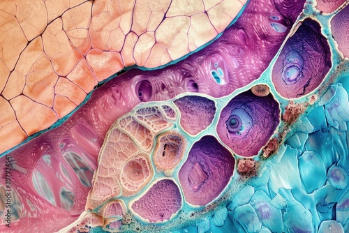 Close-up of a microscopic view of a cross-section of a leaf, showing the epidermis, palisade mesophyll, and spongy mesophyll, high detail, scientific illustration photo