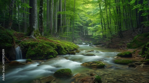A serene forest scene featuring a gentle river flowing through lush greenery and tall trees, perfect for nature lovers.