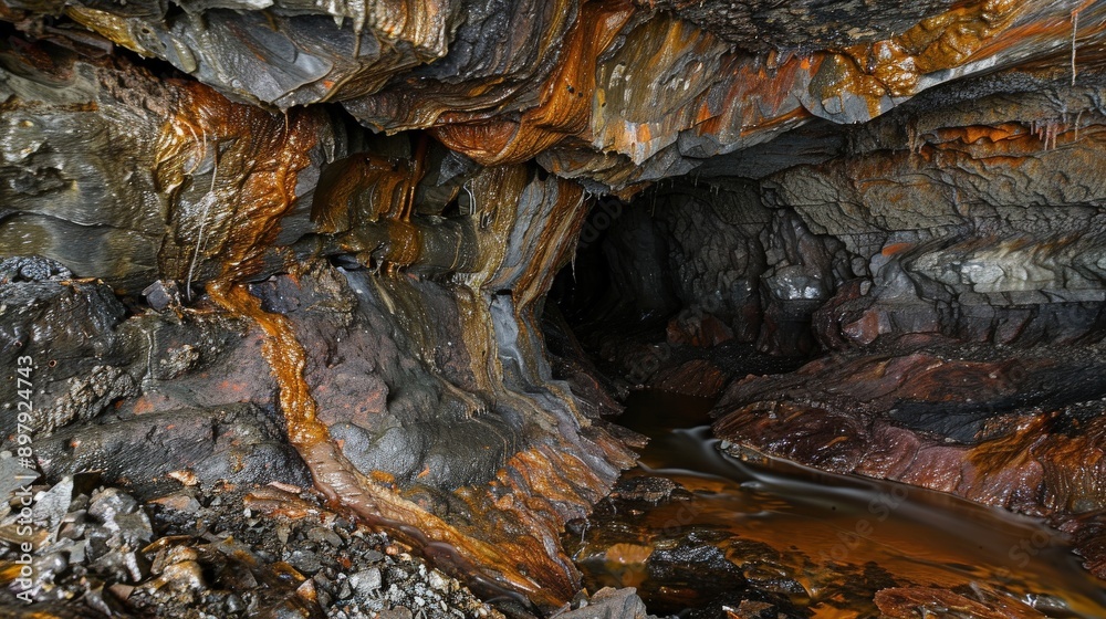 A stunning view of an underground cave showcasing colorful mineral formations and a winding waterway.