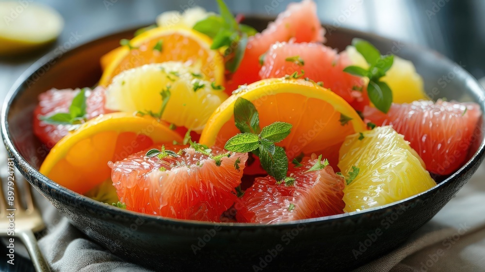 A vibrant bowl of assorted citrus fruits, showcasing colorful slices of grapefruit, orange, and lemon garnished with mint. A vibrant bowl of assorted citrus fruits, showcasing colorful slices of grapefruit, orange, and lemon garnished with mint.