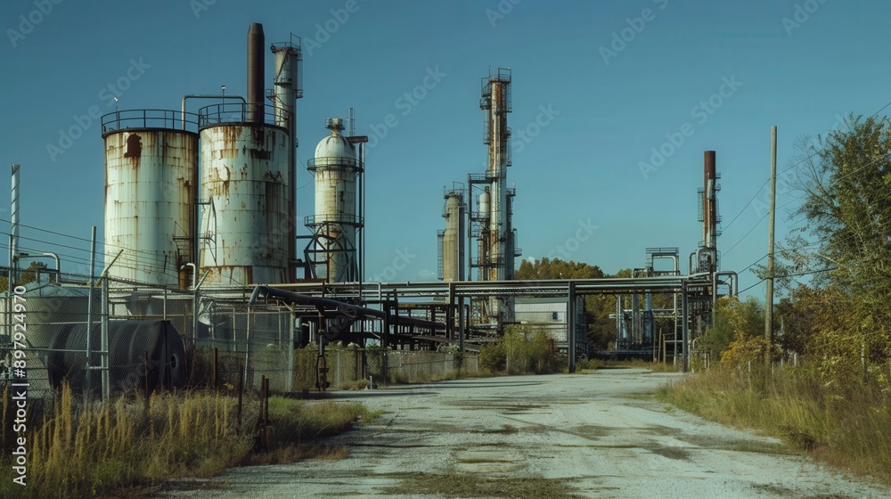 Abandoned industrial site with tall chimneys and rusting equipment under clear blue sky, showcasing decline of manufacturing. Abandoned industrial site with tall chimneys and rusting equipment under clear blue sky, showcasing decline of manufacturing.
