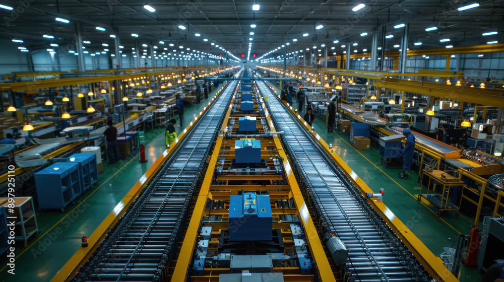 Fototapeta premium A vast industrial factory with a high-tech assembly line and advanced machinery under bright, uniform lighting.