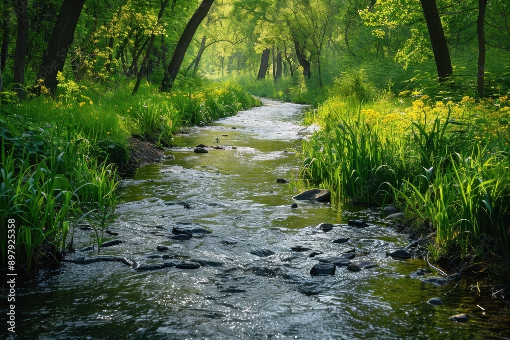 A serene springtime stream winds through lush greenery, with crystalline water reflecting dappled sunlight. Tender shoots and vibrant flora line the banks, creating a tranquil natural panorama.
A serene springtime stream winds through lush greenery, with crystalline water reflecting dappled sunlight. Tender shoots and vibrant flora line the banks, creating a tranquil natural panorama.