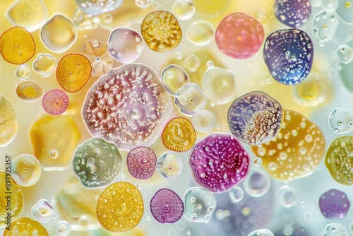 Close-up of a microscope image of pollen grains, different shapes and colors, high detail, educational illustration