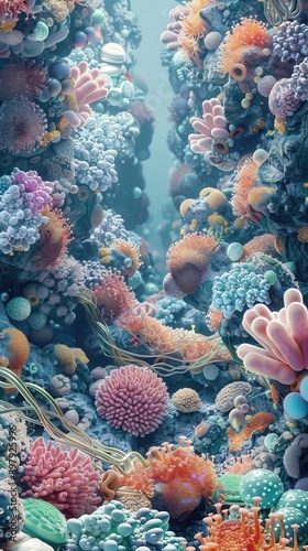 Vibrant underwater scene showcasing colorful corals and marine life in a serene ocean environment.