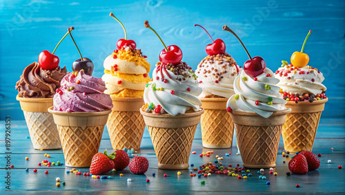 Colorful assortment of creamy ice cream cones and sundaes topped with whipped cream, sprinkles, and cherries against a bright blue background. photo