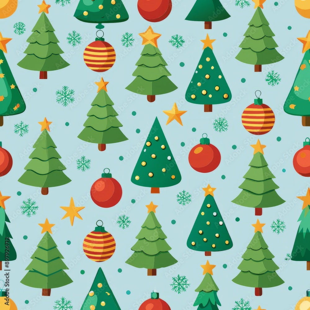 Seamless pattern of Christmas trees and ornaments, Generative AI