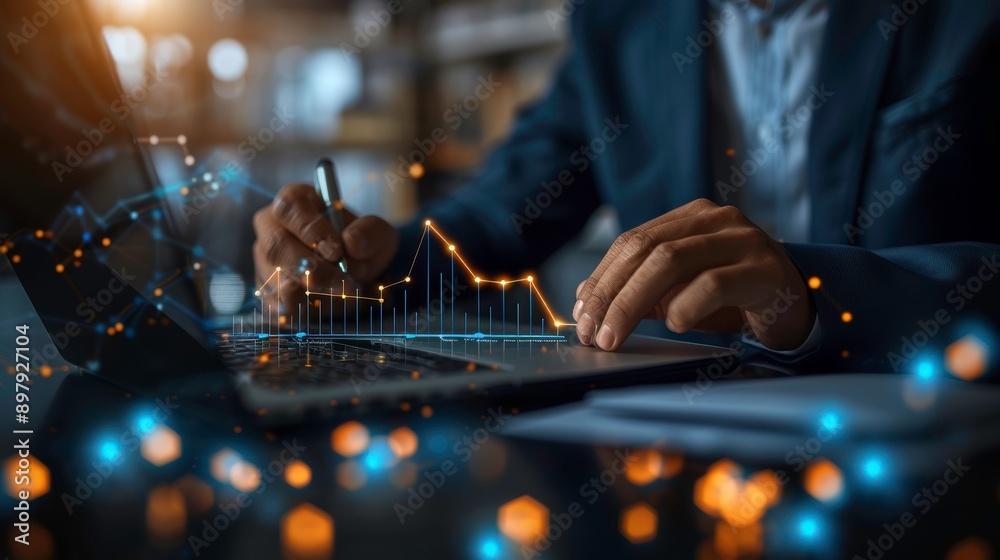 A professional analyzing data on a laptop, focusing on business insights with a dynamic graph overlay in a modern workspace. A professional analyzing data on a laptop, focusing on business insights with a dynamic graph overlay in a modern workspace.