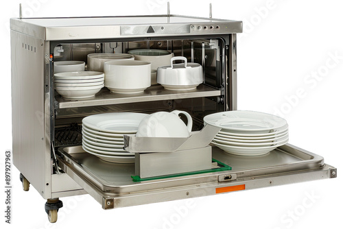 Industrial dishwasher with clean white dishes and plates inside, ready for a commercial kitchen or restaurant use. photo