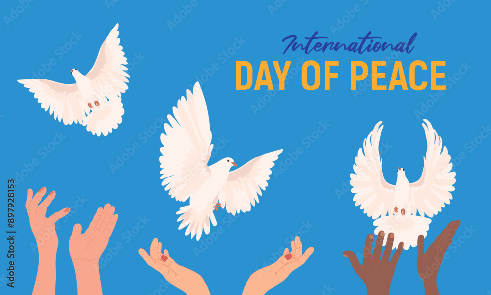 Peace Day. People release white doves into the sky. Flat cartoon style illustration. Vector. Concept of hope, sign of freedom and independence, manifestation of the holy spirit.