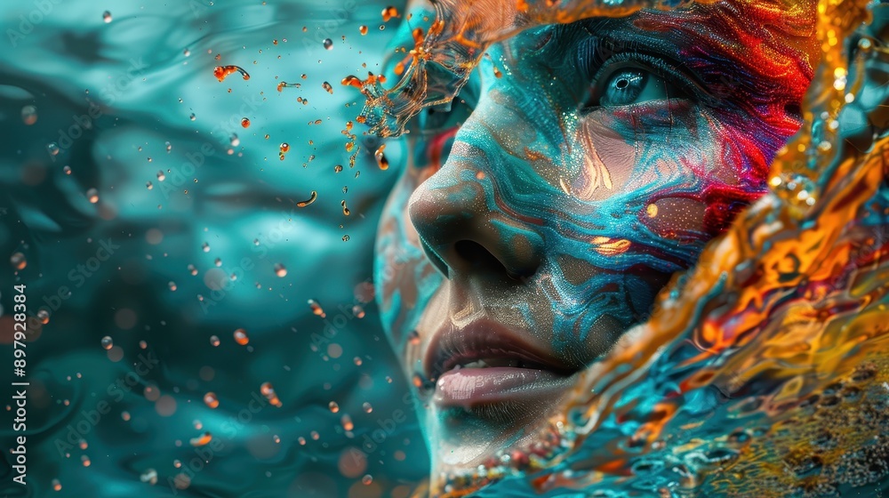 Surreal Artistic Portrait of a Woman with Vibrant Colors and Abstract Water Elements Surreal Artistic Portrait of a Woman with Vibrant Colors and Abstract Water Elements