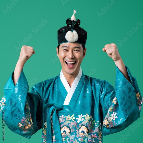 Portrait of Joyful Korean Man. Embracing Heritage and Culture through Colorful Traditional Attire, Showcasing the Richness and Vibrancy of Korea National Costume. photo