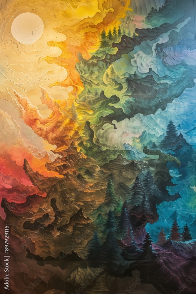 A vibrant abstract landscape blending warm and cool colors, depicting a sunlit sky above lush, dreamy forest silhouettes. A vibrant abstract landscape blending warm and cool colors, depicting a sunlit sky above lush, dreamy forest silhouettes.