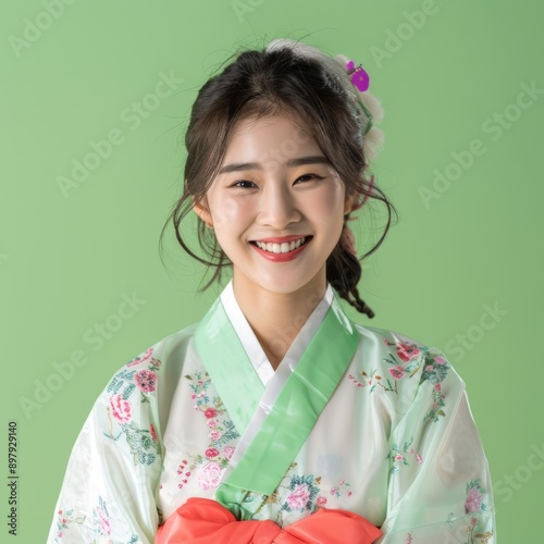 Portrait of Joyful Korean Woman. Embracing Heritage and Culture through Colorful Traditional Attire, Showcasing the Richness and Vibrancy of Korea National Costume photo