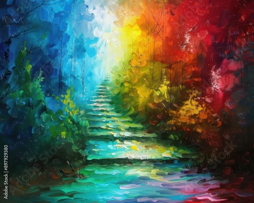 vibrant, colorful pathway leads through stunning abstract landscape, evoking feelings wonder serenity.