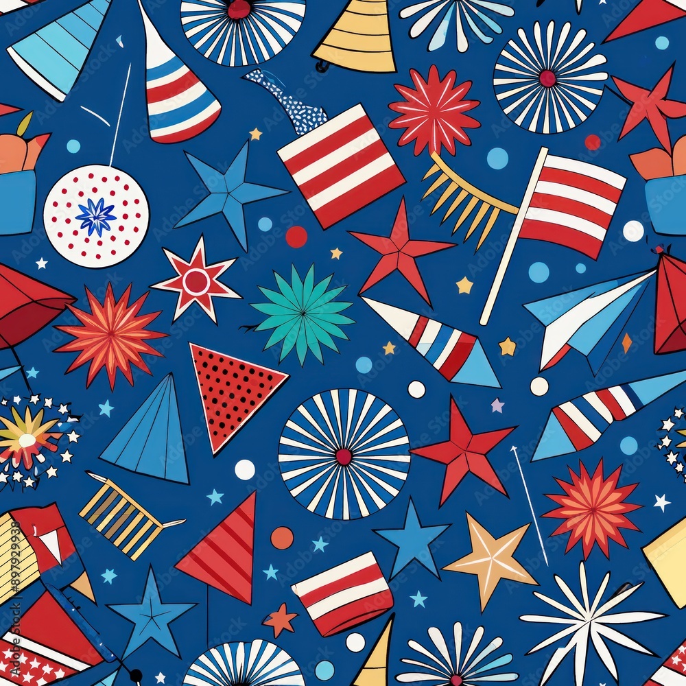 Obraz premium Seamless pattern of Fourth of July fireworks and flags, Generative AI
