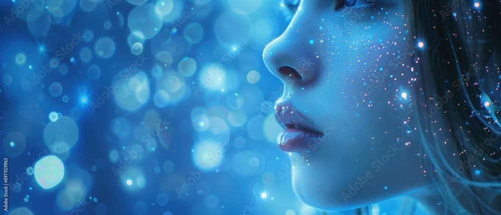 Enchanting Close-Up of Woman's Face with Glitter and Bokeh Light Effects in Blue Tones Enchanting Close-Up of Woman's Face with Glitter and Bokeh Light Effects in Blue Tones