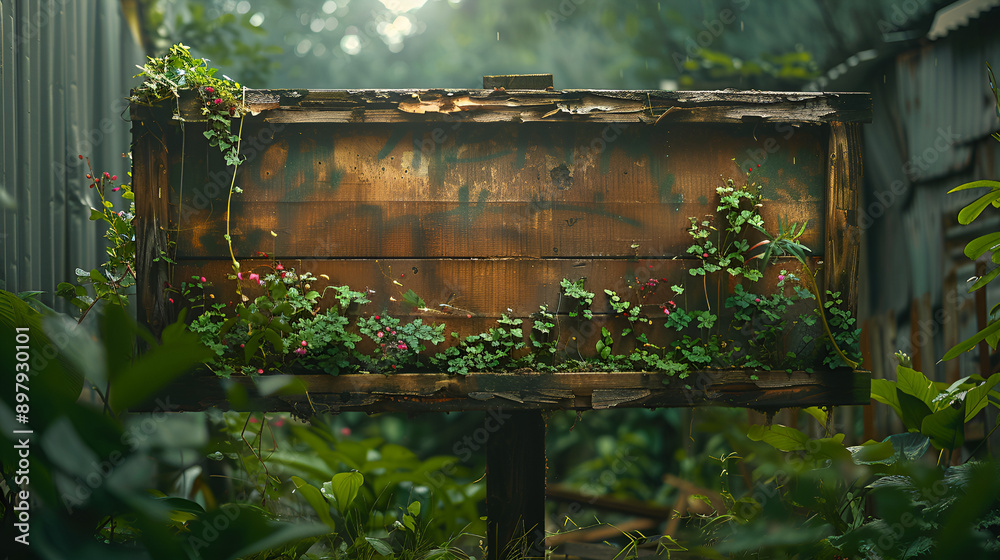 A wooden sign with plants growing on it in a forest. A wooden sign with plants growing on it in a forest.