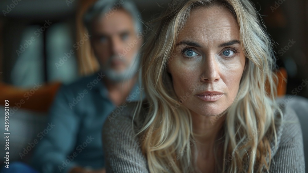 Sad pensive couple thinking of relationships problems sitting on sofa, conflicts in marriage. Sad pensive couple thinking of relationships problems sitting on sofa, conflicts in marriage.