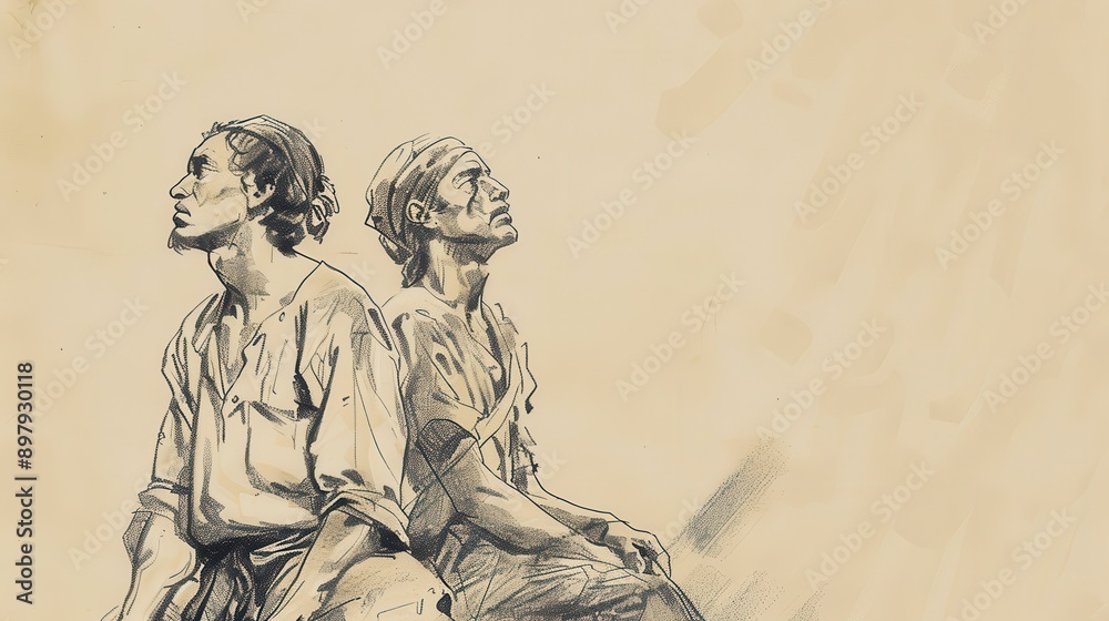 Fototapeta premium Genesis,Josephs Brothers Go to Egypt:Historical Sketch of Brothers Pleading Innocence, Modern Minimalist Biblical Illustration, Bold Pencil Lines, Soft Beige Background 