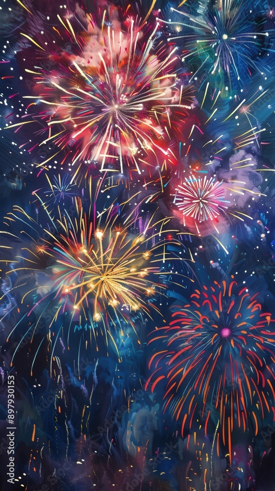 Fototapeta premium Vibrant fireworks explode in a night sky, illuminating the darkness with brilliant colors and dazzling patterns for celebration.
