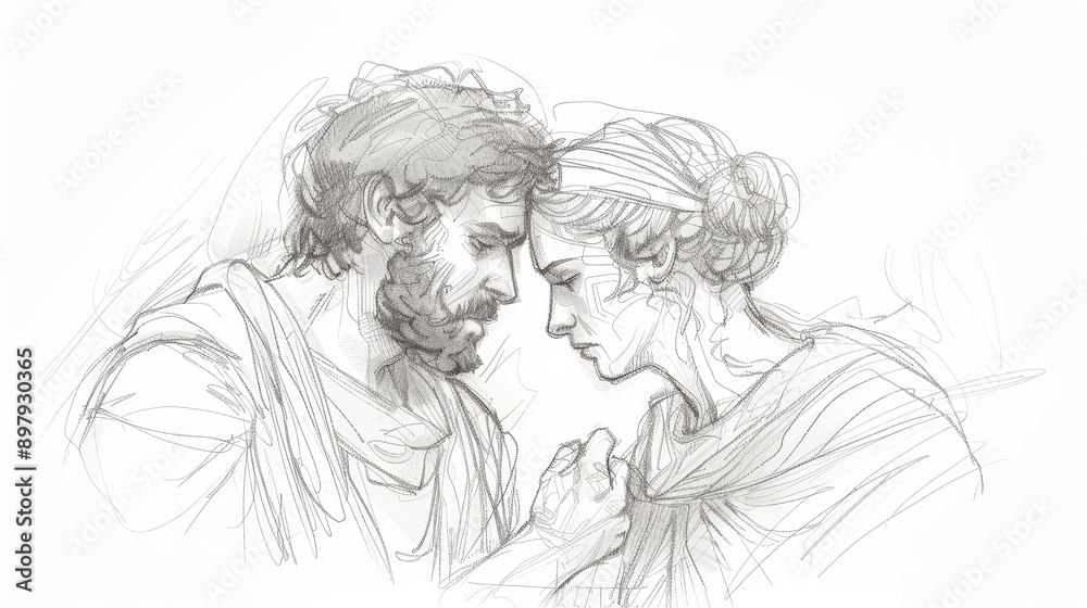 Genesis,Jacob and Laban:Minimalist Modern Sketch of Jacob Finally Marrying Rachel, Bold Pencil Lines, Soft Beige Boho Background Biblical Illustration Genesis,Jacob and Laban:Minimalist Modern Sketch of Jacob Finally Marrying Rachel, Bold Pencil Lines, Soft Beige Boho Background Biblical Illustration